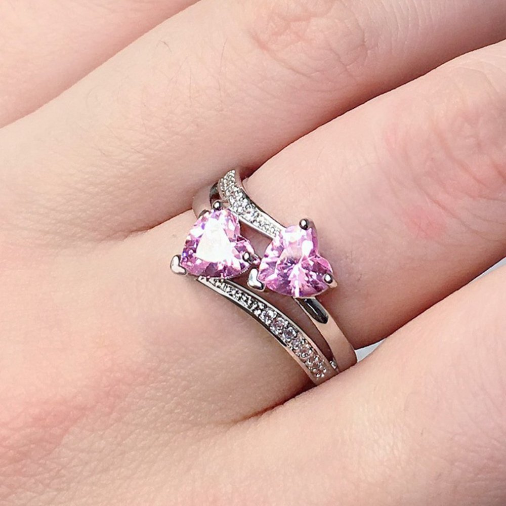 🎀925 Silver Plated Pink Double Heart-Shaped CZ Ring, MLNN1202 - Picture 3 of 4